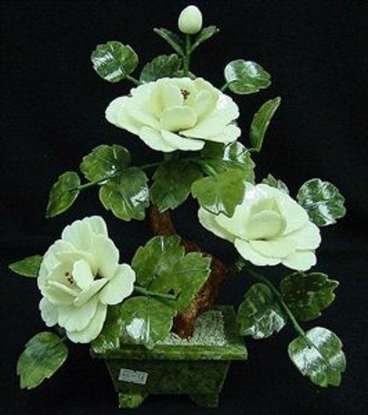 REAL WHITE JADE BONSAI FLOWER: This flower is made of real white jade. The leaves are made of Taiwan jade, dark green, as well as the pot. The branches can be bend over, so you can adjust it the way you like. L: 12", W: 8", H: 13".
