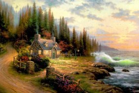 Kinkade Fine Art Lithograph Pine Cove Cottage: THOMAS KINKADE- Pine Cove Cottage - Signed Lithograph: Edition size: 10.5" x 7.5" Print Type: Offset Lithograph Subject: Landscape Style: Impressionism The Print comes with Free acid Mat Backing!Thoma