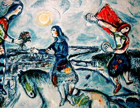 Marc Chagall LOVERS OVER PARIS Ltd Ed. Lithograph: This is a Marc Chagall lithograph titled "LOVERS OVER PARIS". This is facsimile signed and pencil numbered from a limited edition of 500. Image measures 34" x 25" paper. Printed on high quality archiv