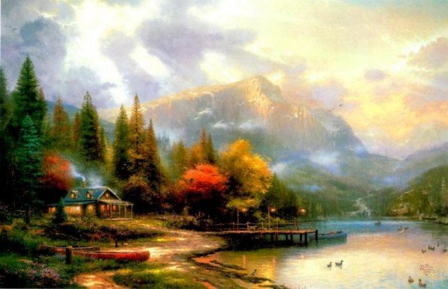 Kinkade Fine Art Lithograph The End of a Perfect Day: Signed Lithograph: THOMAS KINKADE- The End of a Perfect Day, Edition size: 10.5" x 7.5" Print Type: Offset Lithograph Subject: Cityscape Style: Impressionism The Print comes with Free acid Mat Backing