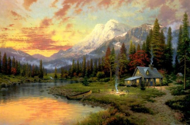 Kinkade Fine Art Lithograph Evening Majesty: THOMAS KINKADE- Evening Majesty - Signed Lithograph: Edition size: 10.5" x 7.5" Print Type: Offset Lithograph Subject: Landscape, Style: Impressionism The Print comes with Free acid Mat Backing! Thoma