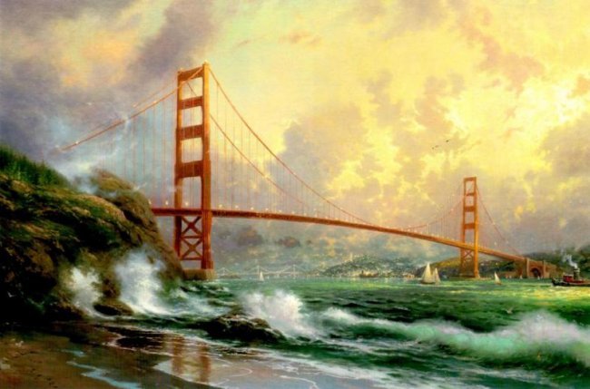 Kinkade Fine Art Lithograph Golden Gate Bridge: Signed Lithograph: THOMAS KINKADE- Edition size: 10.5" x 7.5" Print Type: Offset Lithograph Subject: Cityscape Style: Impressionism The Print comes with Free acid Mat Backing! Thomas Kinkade known as