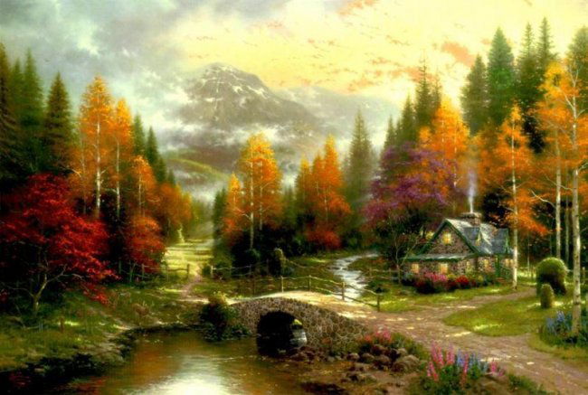 Kinkade Fine Art Lithograph Valley of Peace: Signed Lithograph: THOMAS KINKADE- Valley of Peace, Edition size: 10.5" x 7.5" Print Type: Offset Lithograph Subject: Cityscape Style: Impressionism The Print comes with Free acid Mat Backing! Thomas