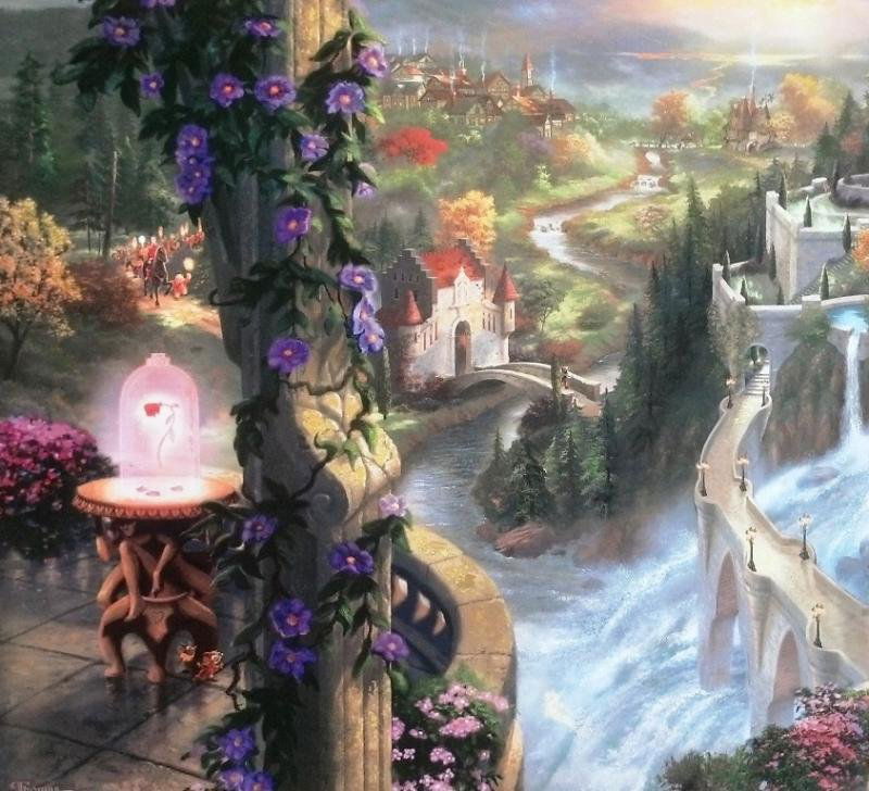 Kinkade Lithograph Disney - Beauty & the Beast: Signed Lithograph: THOMAS KINKADE- DISNEY- BEAUTY & THE BEAST Edition size: 10.5 x 12 inches Print Type: Offset Lithograph Subject: Disney Style: Impressionism The Print comes with Free acid Mat Backi