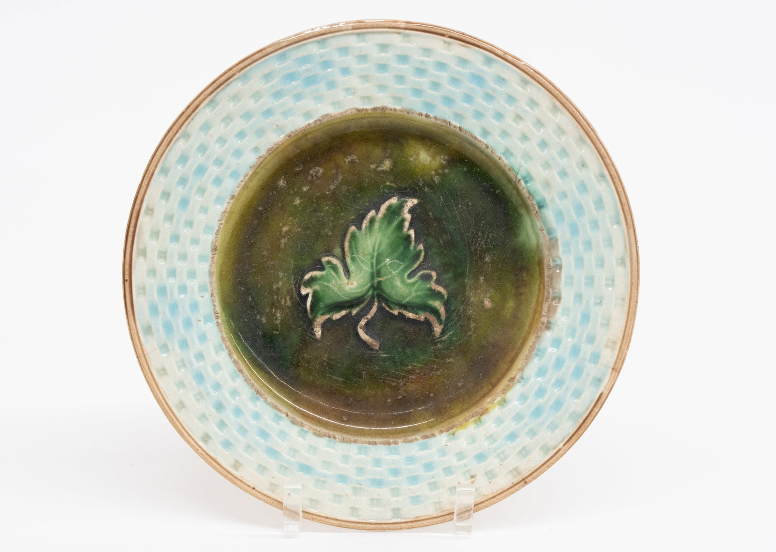 Vintage Majocia Plate - Leaf w/Basket Weave Rim:  VINTAGE MAJOLICA PLATE Vintage Majocia Plate - Leaf w/Basket Weave Rim Size: 7.5 in Provenance: Judith Harney Collection Wa