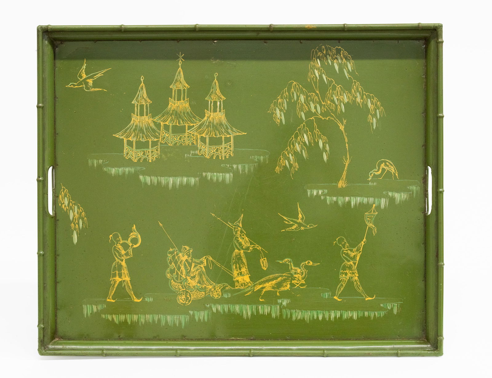 Vintage Bergdorf Goodman Hand Painted Asian Motif Metal Serving Tray - Made in Italy:  BERGDORF GOODMAN Vintage Bergdorf Goodman Hand Painted Asian Motif Metal Serving Tray - Made in Italy Size: 18 x 22 x 1.75 in depth