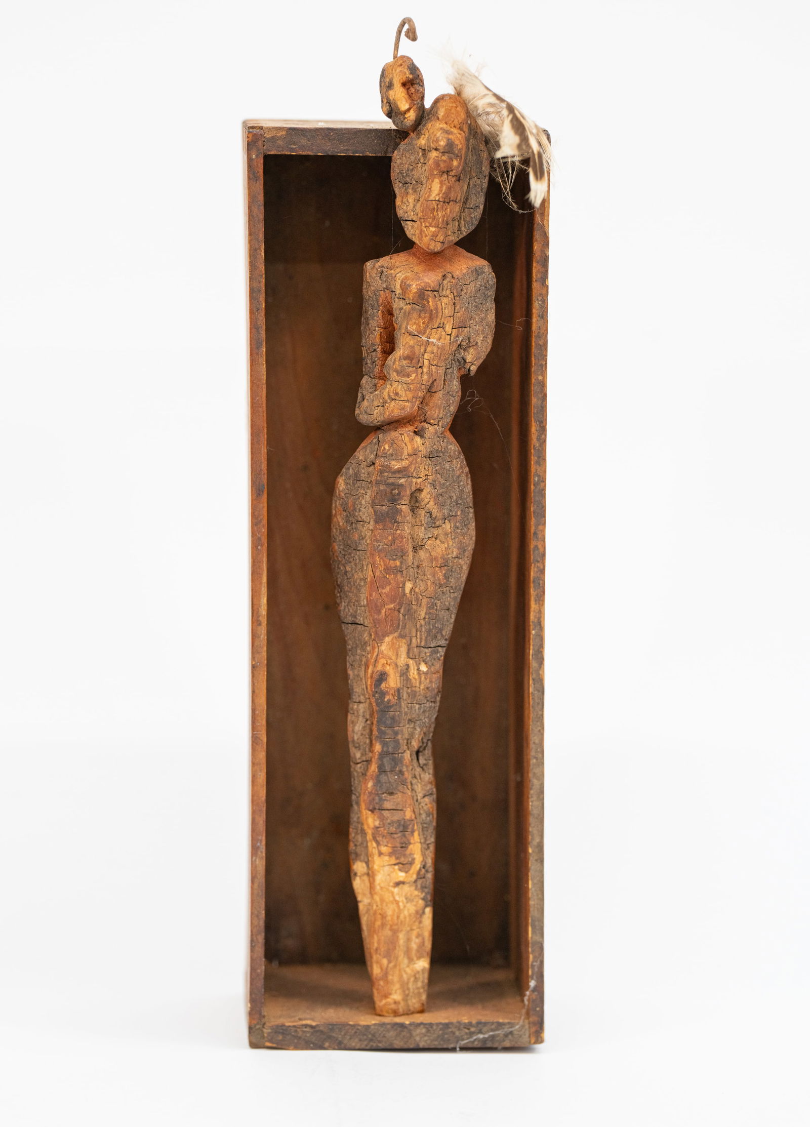 Daniel Mack (b.1947) - American Folk Art - Hand Carved Wood w/Feather - Amazing Piece:  DANIEL MACK (b.1947) UNTITLED - Hand Carved Folk Art Piece Mounted Inside A Vintage Cream Cheese Wooden Box 