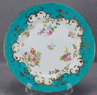 Coalport Floral Teal & Gold 10 1/4 Inch Plate B: Antique British bone china plate with relief molded scrollwork border. Decorated with hand painted pink rose and other flowers in pink, red, purple, yellow, and blue over a white center. Has a teal bo