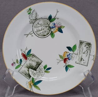 Adderley Alton Aesthetic Transferware Plate: Antique British bone china plate. Decorated in the Alton pattern in dark green transfer with landscape, maritime, and mill scene with butterfly and hand colored blossoms in blue, yellow ocher, and