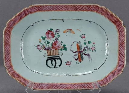18th Century Chinese Export Pink Roses Platter: Antique 18th century Chinese Export porcelain platter or meat dish. Decorated with hand painted pink roses and purple flowers in a basket on a table, orange butterfly and dragonfly, and scrolls in a p