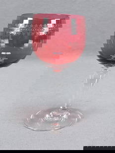 Saint Louis Engraved Cranberry Small Wine Glass: Nice small size wine glass with cranberry bowl engraved in the 1393 pattern. With petal cutting to the bottom of the cranberry bowl. Clear cut stem. Unsigned. Probably Saint Louis. This would have