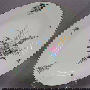 18th Century Chantilly Hand Painted Plate C: Antique French soft paste porcelain plate. Decorated with hand painted flowers and insects in purple, blue, and yellow. Brown trim along the edge. Marked on the reverse with the Chantilly horn.Has