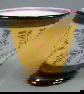 19th Cent British Copper Luster Small Beaker: Nice 19th century British antique copper luster beaker. Decorated with an orange ocher band with pink luster leaves and flowers. Unmarked.Has wear consistent with age and use, and two flakes to the