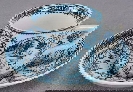 Charles Allerton Little Mae Child's Cup & Saucer C: Antique earthenware child's cup and saucer decorated in the No 766 "Little Mae With Dog" pattern in green or dark teal transfer. Marked on the reverse C. A. & Sons No 7676 RdNo 69456 England. The