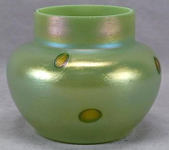 Bohemian Rindskopf Spotted Irdescent Glass Vase: Nice antique iridescent Art Nouveau green glass vase with gold spots. Unsigned. Probably Rindskopf. Circa 1900.Has two large chips to the rim and numerous small chips and flakes to the rim.Measures ap