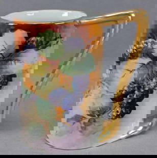 JP Limoges Hand Painted Blackberries Mug: Antique French porcelain mug / tankard. Decorated with hand painted blackberries over an orange, purple, and yellow background. With gold gilding along the rim and to the handle. Marked on the
