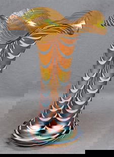 Poschinger Feather & Orange Art Glass Vase: Nice vintage hand blown orange gold iridescent glass vase with white pulled feather / pulled loop pattern. Ground and polished pontiled base. Unsigned. Produced by Poschinger. Circa 1960s.Good conditi