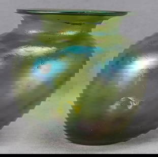 Bohemian Loetz Creta Crete Kugeloptisch Vase: Nice antique Bohemian Creta Kugeloptisch green iridescent art glass vase. Ground and polished pontiled base. Produced by Loetz. Circa 1900.Good condition.Measures approximately 4 1/2 inches wide x 4 3