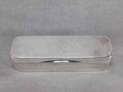 Edinburgh Armorial Crest Sterling Silver Snuff Box: Antique early 19th century Scottish sterling silver snuff box. Has an engraved armorial crest of a sea monster above a monogram. Has a different monogram on the bottom of the box. Hallmarks for James