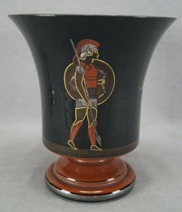 Harrach Enameled Neoclassical Basalt Glass Vase: Nice vintage black glass vase with hand enameled and gold highlighted Neoclassical figurines around the top. The bottom of the vase is painted in red. Marked on the bottom OOF Czechoslovakia. One site