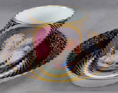 Sevres Style Lady & Cherub Coffee Cup & Saucer: Nice antique early 19th century French Sevres style soft paste porcelain coffee cup and saucer. The cup is decorated with a hand painted scene of a lady and cherub after the L'Inspiration Favorable en