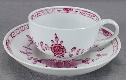 Meissen Marcolini Indian Pattern Tea Cup & Saucer: Nice porcelain tea cup and saucer. Decorated with the hand painted Indian pattern in puce. Marked on the bottom with the blue crossed swords mark with a star underneath, used by Meissen between 1774