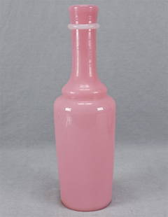 Stevens & Williams Alabaster Glass Bottle Decanter: Nice antique hand blown pink glass bar bottle shape decanter missing the stopper with applied alabaster ring around the neck. The inside of the decanter is cased in white. Ground and polished base.