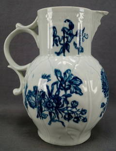 Dr Wall Worcester Blue Floral Bacchus Mask Jug: Nice early porcelain cabbage leaf molded pitcher / jug with Bacchus spout and underglaze blue transfer printed floral decoration. Marked on the bottom with the underglaze blue crescent mark. Circa