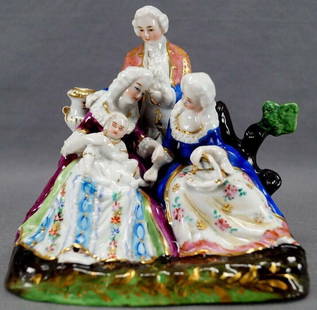 Conta & Boehme Porcelain Figural Grouping # 274: Nice Victorian era porcelain hand painted figurine grouping depicting a Colonial / Georgian lady, two women in Georgian dresses and a baby. All are wearing white wigs. The gentleman is a pink jacket w