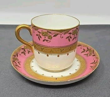 Brownfield's Pink & Gold Demitasse Cup & Saucer: Antique Brownfield's Demitasse Tea Cup & Saucer, Aesthetic Period. The cup stands 2 1/4 inches tall and has a 2 1/4 inch diameter. The saucer measures 4 1/2 inches across. Manufactured for Davis,