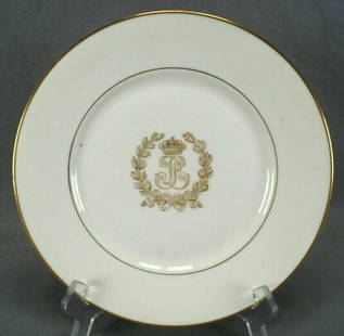 Sevres Style Louis Phillipe Monogram 9 Inch Plate: Antique porcelain plate. Decorated in the Sevres style with the fancy gold gilt monogram for King Louis Philippe in the center. With gold gilding along the edge. Marked on the reverse with pseudo Sevr