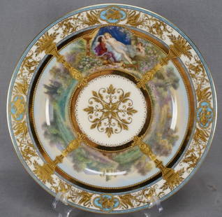 Dresden Tannhauser & Venus Wagner Opera Plate: Fantastic large porcelain plate. Decorated in the Royal Vienna style with a central raised and beaded gold floral medallion over ivory framed by gold gilding and beading. With a hand painted scene dep