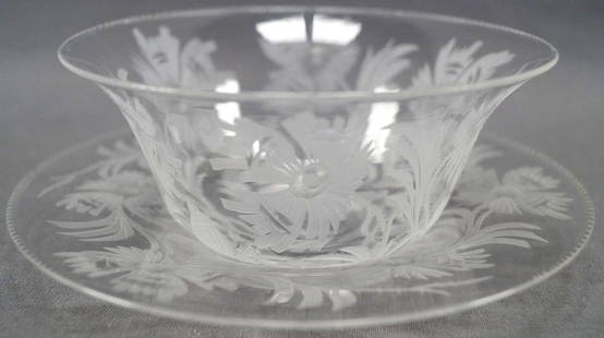 Signed Libbey Poppies Glass Finger Bowl & Plate: Antique early 20th century hand blown glass / crystal finger bowl and matching underplate. Decorated with gravic intaglio cut poppy flowers. Signed Libbey on the base.Excellent condition with no chips