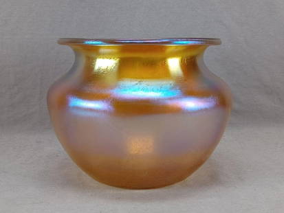 LCT Tiffany Favrile Gold 6 5/8 X 8 " Squat Vase: Nice large antique hand blown Tiffany Favrile gold vase. Signed on the base L.C.T. Tiffany Favrile 5/8044 N 1810 Circa 1890 to 1920.Has some wear to the interior from use, but otherwise good condition