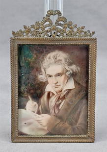 Antique Hand Painted Beethoven Portrait Miniature: Nice antique hand painted portrait of Beethoven with the manuscript for Missa Solemnis. Based on the portrait painted by Joseph Karl Stieler in 1820. This example is signed Halle. In a French gilt