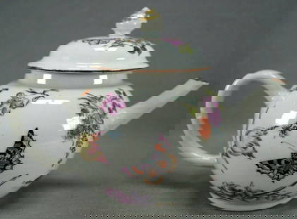 Chinese Porcelain James Giles Hand Painted Teapot: Very nice antique 18th century Chinese export porcelain teapot. Decorated with hand painted flowers in pink, purple, red, blue, and yellow, butterflies in pink, black, yellow, orange, and green, and