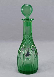 19th Century Bohemian Enameled Green Glass Perfume: Nice antique mid 19th century Bohemian Biedermeier green glass perfume / dresser bottle with panel and diamond cutting. Decorated with hand enameled leaf designs in white, gold, and metallic black.
