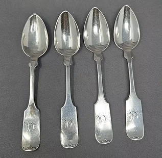4 Coin Silver BAILEY & KITCHEN Spoons Philadelphia: Set 4 monogrammed Joseph Trowbridge Bailey and Andrew B. Kitchen, forerunner to Bailey, Banks, and Biddle. Circa 1832 to 1847. Philadelphia Pennsylvania. Measures 6 1/8 inches long.We can offer
