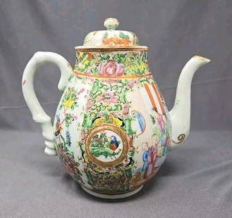 Antique 19th Century Chinese Rose Medallion Teapot: Chinese Export Famille Rose Medallion teapot. Circa pre 1890. No chips or cracks. Measures approximately 7 3/4 inches tall. 7 3/4 inches long from spout to handle and 5 inches wide. There is some
