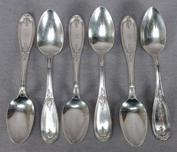 6 Canfield Baltimore Sterling Silver Tea Spoons: Set of 6 sterling silver spoons in the Olive pattern. Engraved scripted R on the handle. Marked on the back of the bowl Sterling and on the handle Canfield Bro & Co. Produced by Canfield, Bro & Co, Ba
