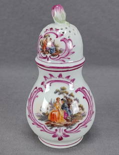 Carl Thieme Dresden Watteau Scene Muffineer: Nice antique German porcelain sugar shaker / muffineer with a moulded diamond and floral pattern. Decorated with a hand painted Watteau scene / courting couple scene framed in puce scrollwork on the