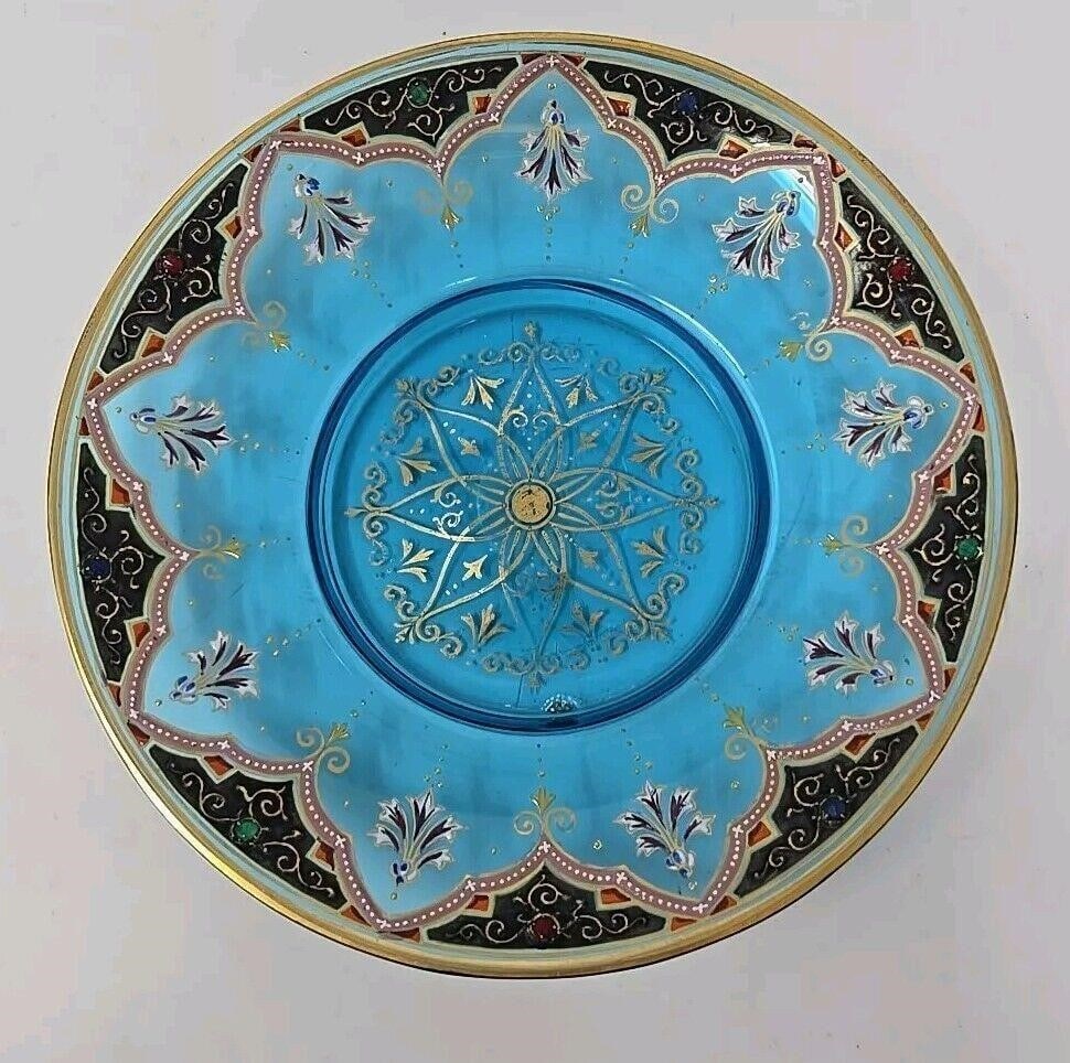 Moser Harrach Blue Enameled & Jeweled Saucer 6": Moser Harrach blue glass enameled & jeweled saucer. Beautiful saucer for footed tea cup or sherbert cup. Has nice detailed enamel work with 9 jewels, looks like sapphire, emerald,and carnelian. Painte