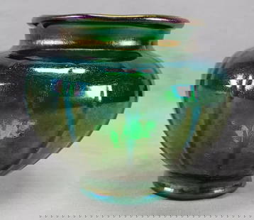 19th Century Iridescent Bronze Ware Glass Vase: Nice antique late 19th century British or possibly Bohemian green iridescent "Bronze Ware" Neoclassical optic molded art glass vase. Rough pontiled base.Good condition.Measures approximately 5 1/2 inc