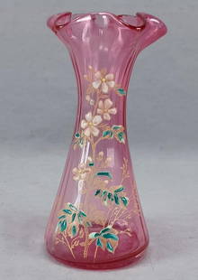 Legras Enameled Floral Cranberry 6 1/4 Inch Vase: Nice antique late 19th century French Legras optic molded cranberry glass vase. With hand enameled flowers in pink and white with green leaves and beige stems. Ground and polished pontiled base. Unsig