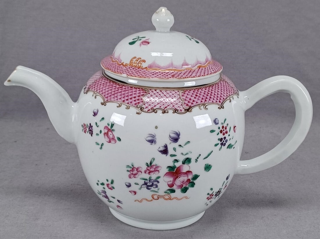 18th Century Export Pink & Purple Floral Teapot (1 of 15)