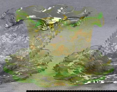 19th Century Bohemian Uranium Glass Finger Bowl: Antique mid 19th century Bohemian Biedermeier period hand blown yellow green vaseline uranium glass ruffled finger bowl with petal cutting to the bottom of the bowl and notch cut under plate. Decorate