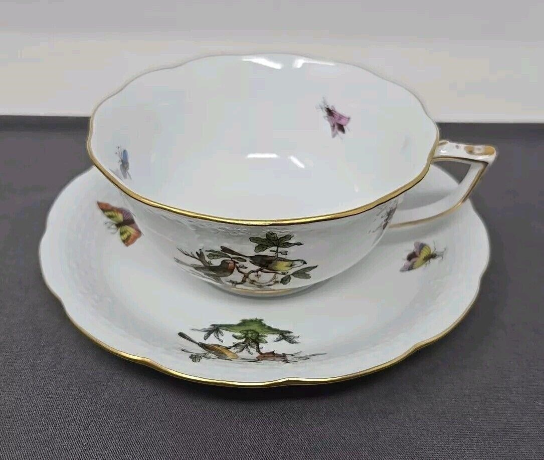 Herend Rothschild Birds Tea Cup & Saucer Set # 2: Herend Rothschilds Bird cup and saucer set form # 734 / RO with gold rims. Very good unused condition from a store that closed. It does have light roughness inside of the cup. Approximate measurements