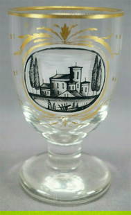 Bohemian Enameled Italian Villa Glass Goblet: Nice mid 19th century Bohemian clear glass goblet or footed tumbler. Decorated with a hand enameled black and white scene of an Italian villa and trees. With gold floral scrollwork above and below and