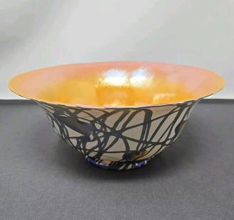 Durand Art Glass Hearts & Vines Bowl: Durand iridescent Hearts and Vine pattern with gold iridescent inside footed bowl. It is unusual in that there are three colors on the outside pattern instead of 2. Excellent condition without chips,