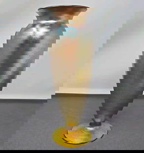 Signed Durand Gold Art Glass Vase 8 3/4": Beautiful signed Durand footed vase. Made in Vineland New Jersey between 1924 and 1931. It has form number etched on the bottom 2028-8. The name is also etched on the bottom and filled in with a silve